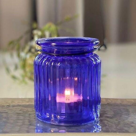 Cobalt Glass Hanging Tea Light Hand Poured Soy Candle Set - Picture 1 of 4